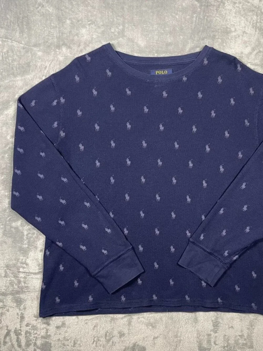 Polo Ralph Lauren Thermal Shirt Mens L Blue Pony Print Waffle Knit Sleepwear